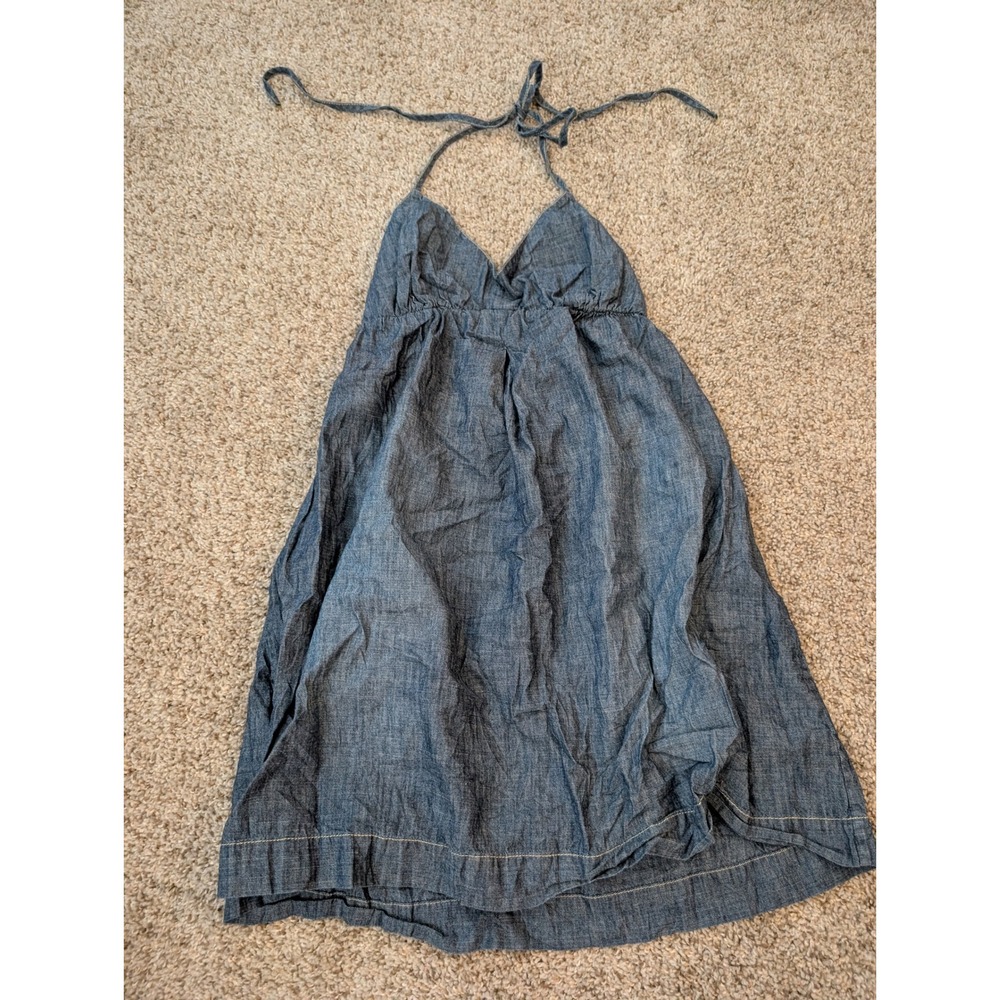 Lucky Brand Blue Chambray Halter Mini Dress Cotton Smocked Back Small